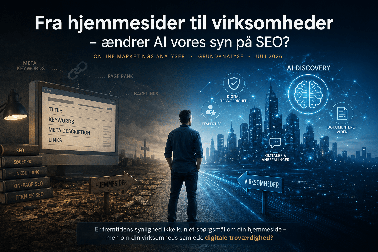 Illustration af udviklingen fra klassisk SEO og hjemmesider til AI Discovery, digital troværdighed og virksomhedsbaseret synlighed.