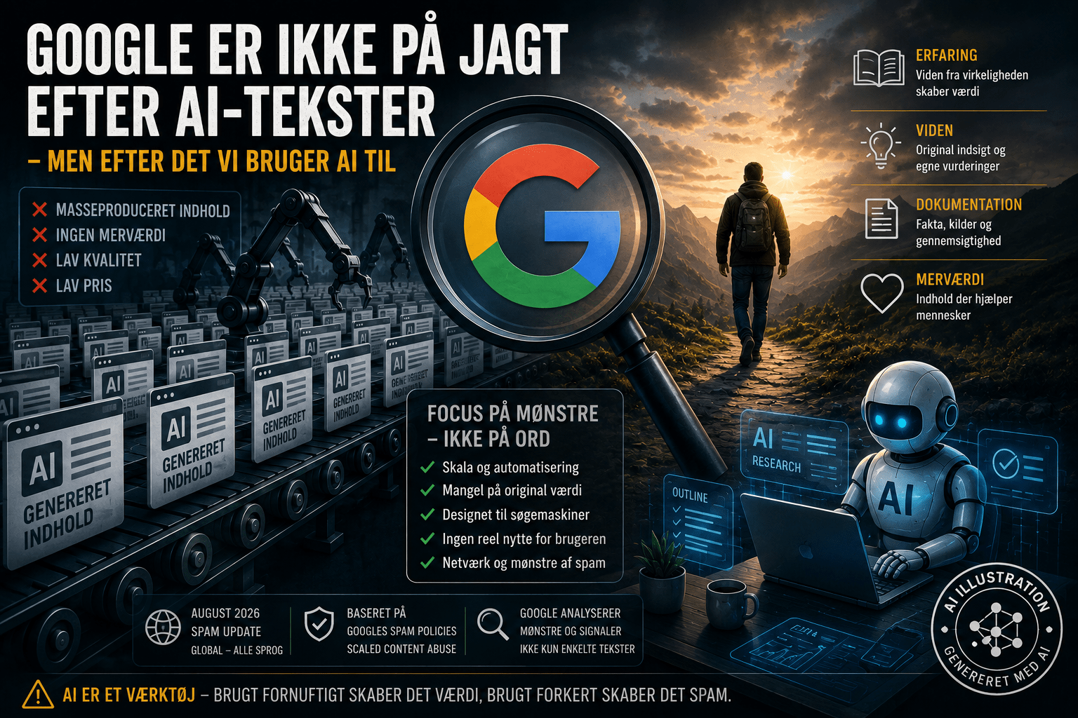 Illustration af Google, AI-indhold og masseproduceret indhold