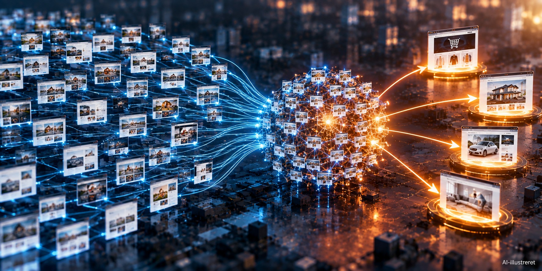 AI-illustration af mange forskellige websites samlet i den samme linkklynge