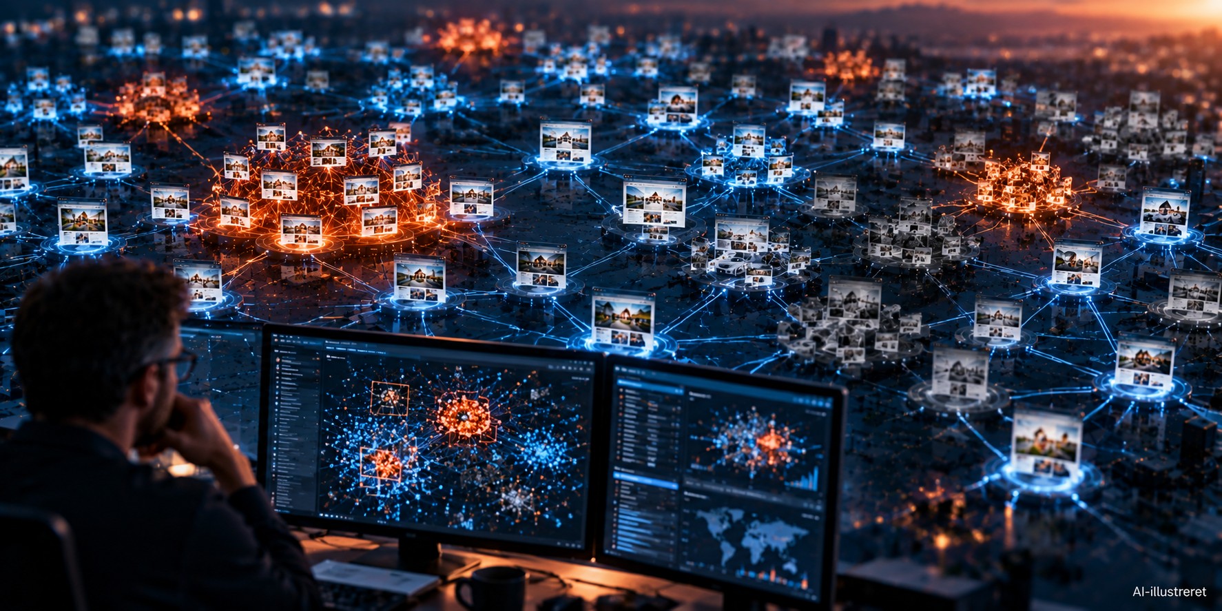 AI-illustration af analyse og genkendelse af mønstre i et stort linkmiljø