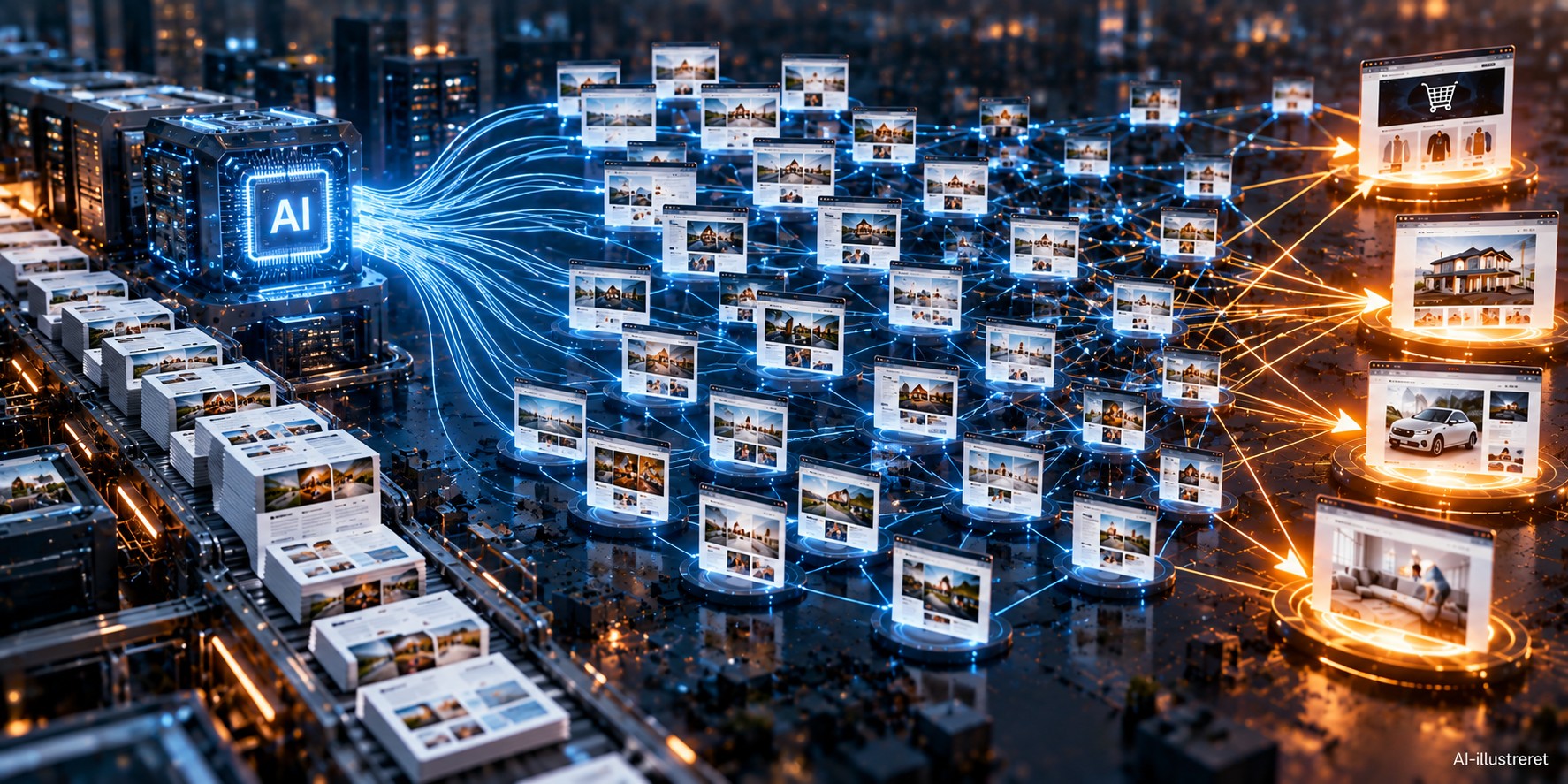 AI-illustration af masseproduktion af websites, der bliver en del af samme linknetværk