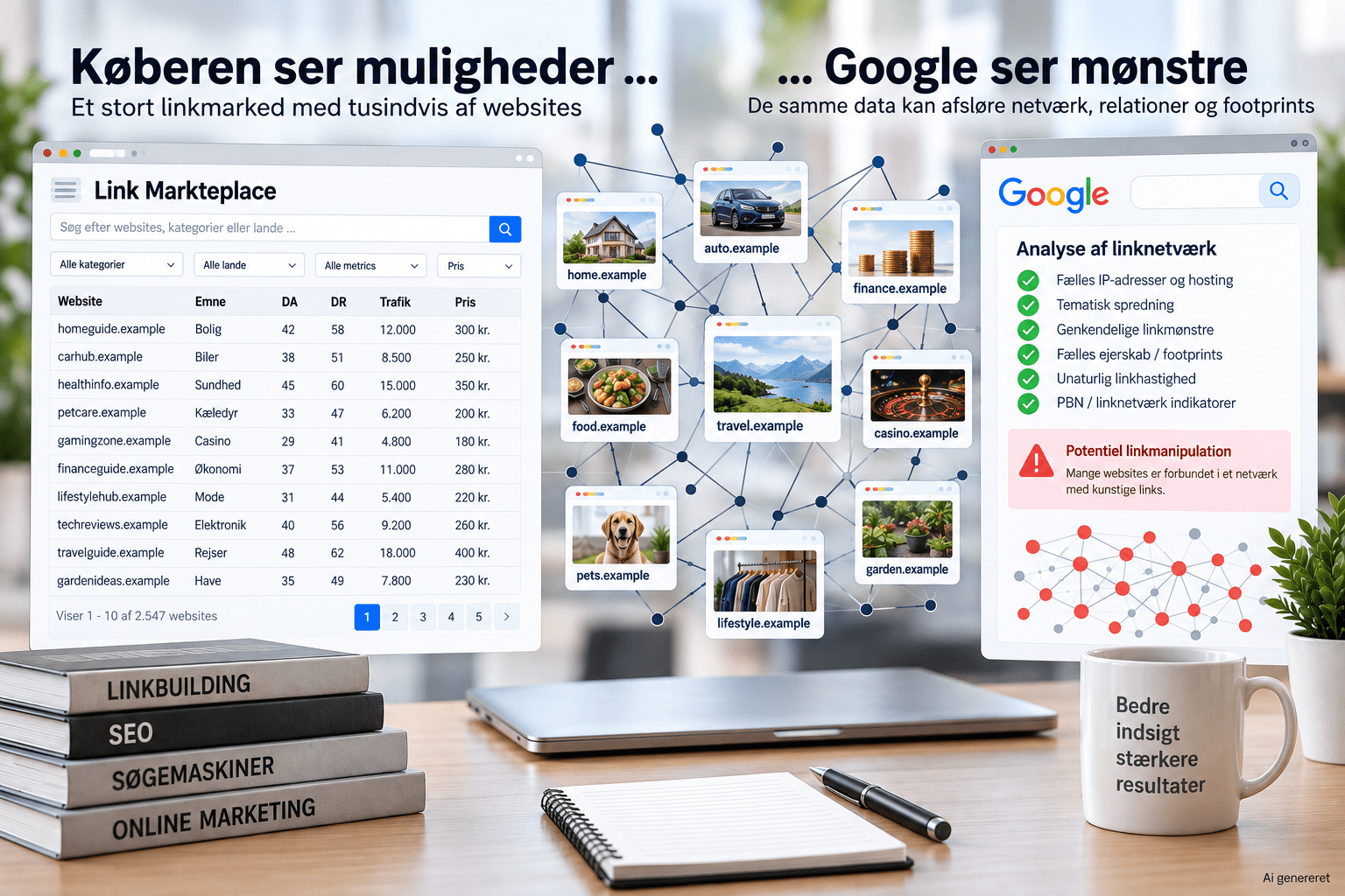Illustration af hvordan et industrielt linkmarked kan skabe mønstre og footprints, som Google kan analysere