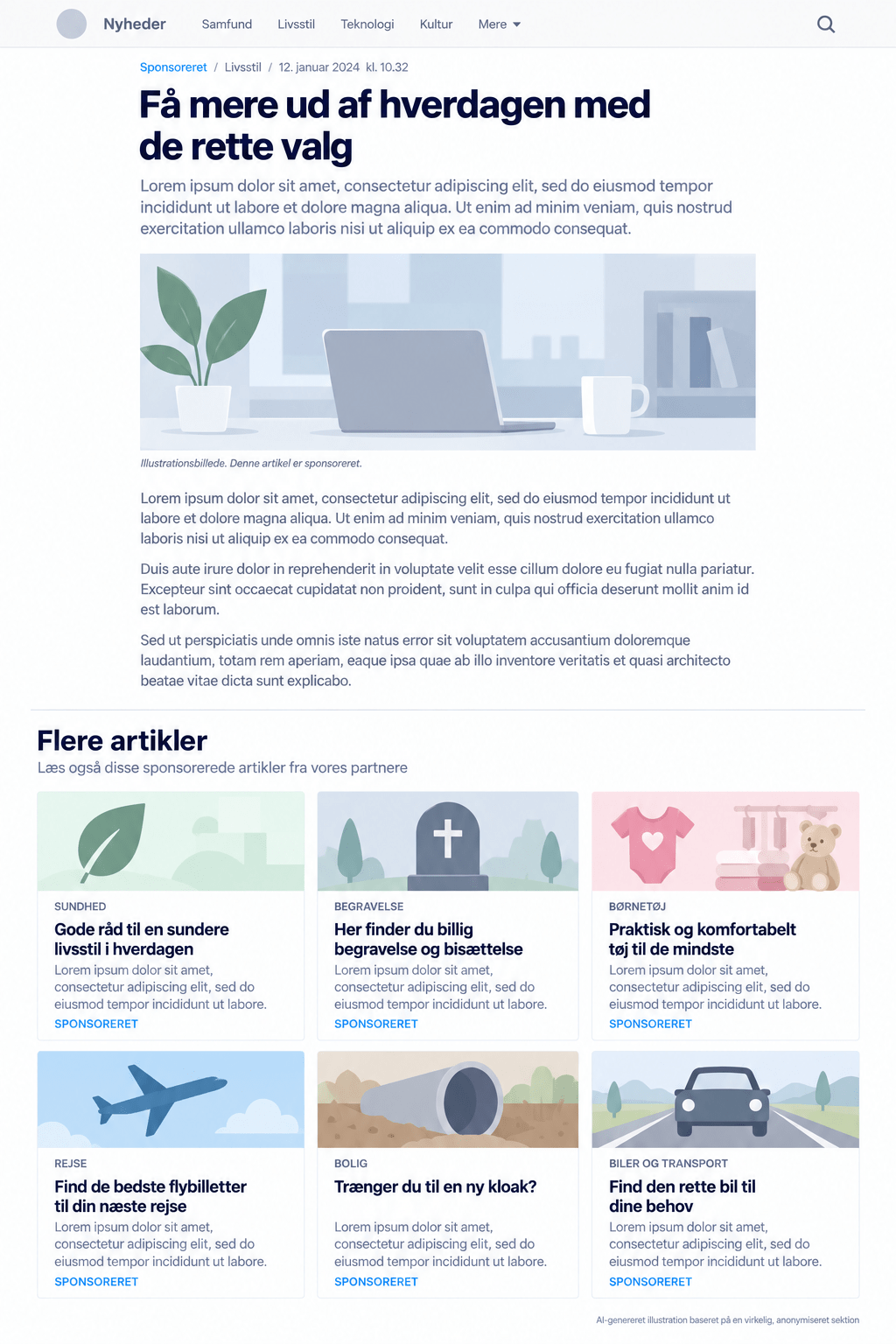 Anonymiseret illustration af en kommerciel sektion med sponsorerede artikler fra forskellige brancher
