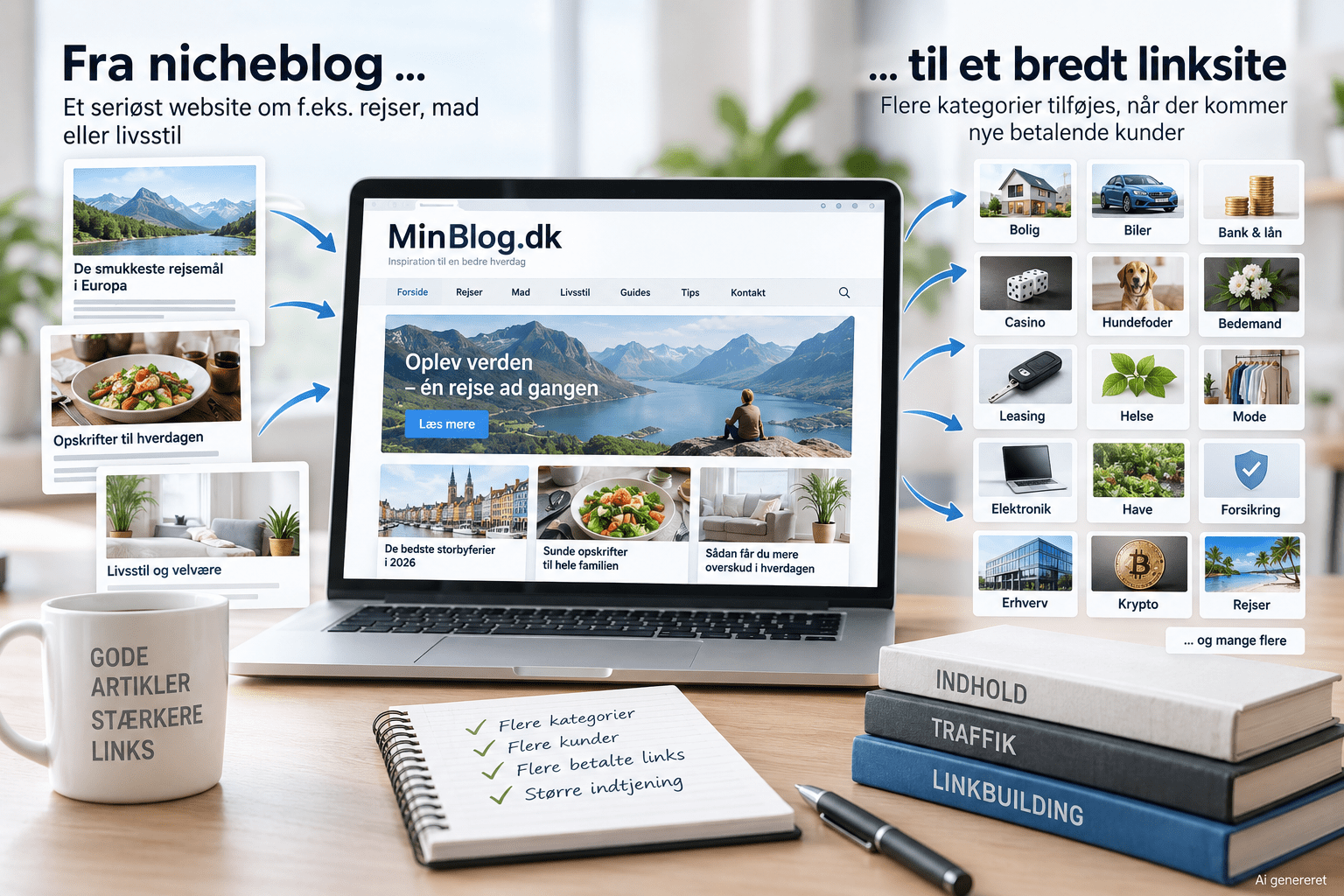 Illustration af hvordan en nicheblog kan udvikle sig til et bredt linksite med mange forskellige emner og betalte links
