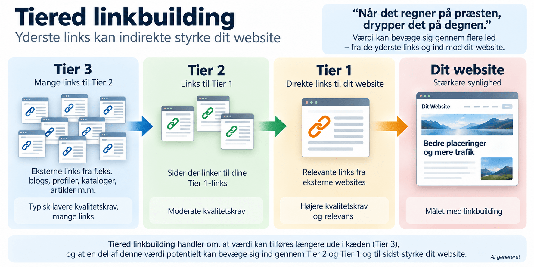Illustration af tiered linkbuilding, hvor Tier 3-links peger på Tier 2, Tier 2 peger på Tier 1, og Tier 1 linker direkte til hovedsitet